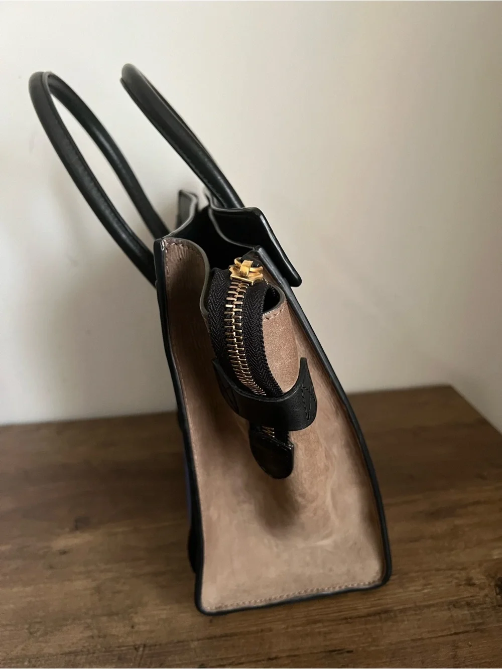 Celine Blue Suede Micro Luggage Satchel with Black and Taupe colorblock